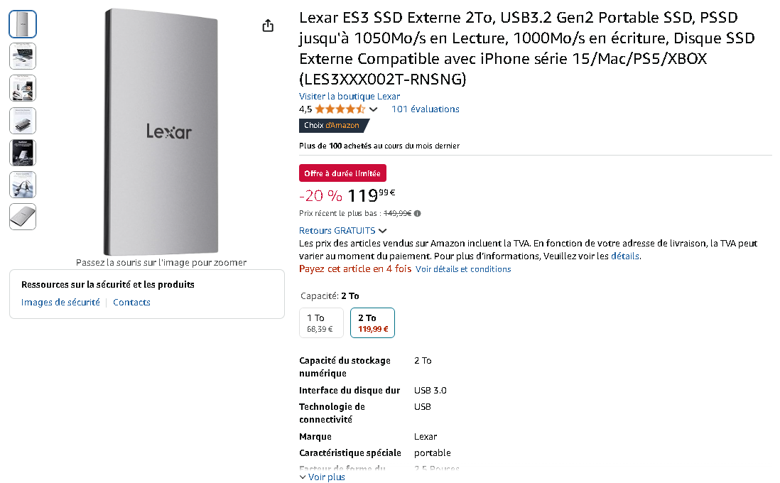 Lexar ES3 SSD Externe 2To Capture d'écran de la page des Lexar ES3 sur Amazon