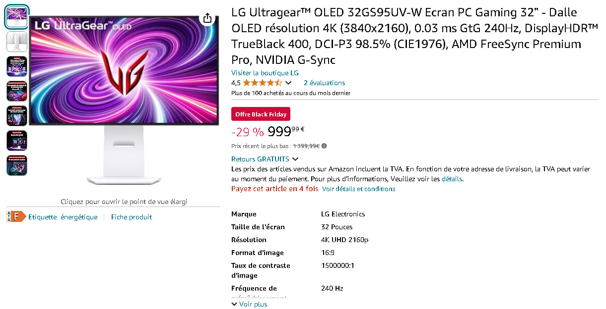 LG UltraGear OLED 32 pouces Capture d'écran du LG UltraGear OLED 32 pouces disponible sur Amazon