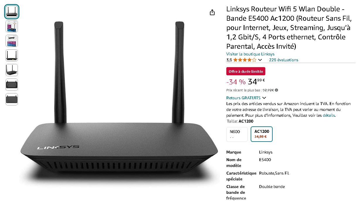 Linksys E5400 sur Amazon Capture d'écran du Linksys E5400 sur Amazon