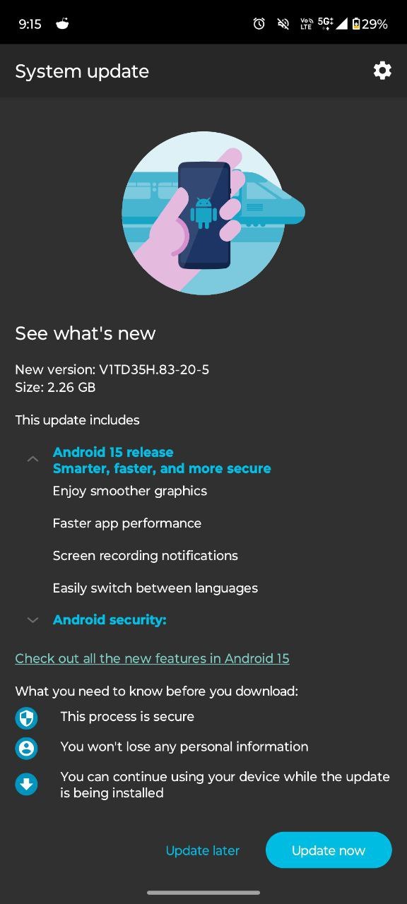 Capture d'écran de la mise à jour du Moto G64 5G vers Android 15 Capture d'écran de la mise à jour du Moto G64 5G vers Android 15