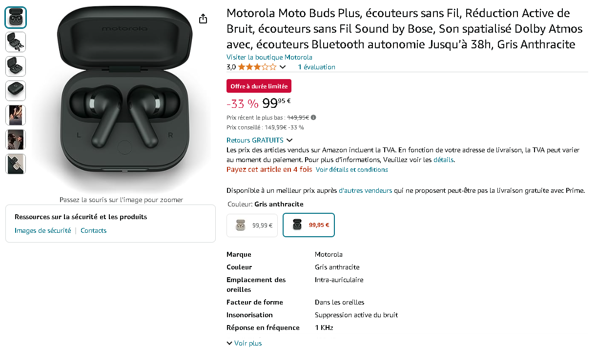 Moto Buds Plus sur Amazon Image des écouteurs Motorola Moto Buds Plus