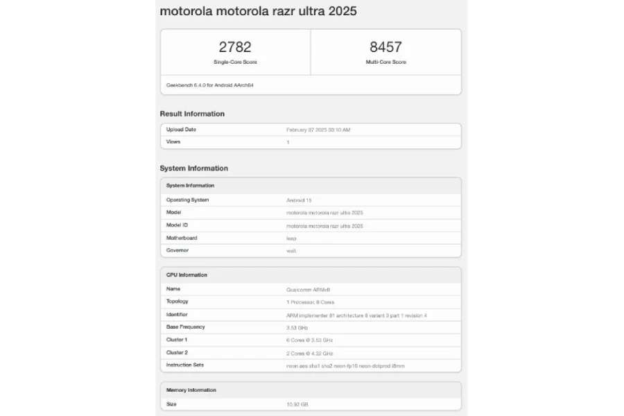 Motorola Razr Ultra 2025. Illustration : Geekbench Code Geekbench pour le Motorola Razr Ultra 2025