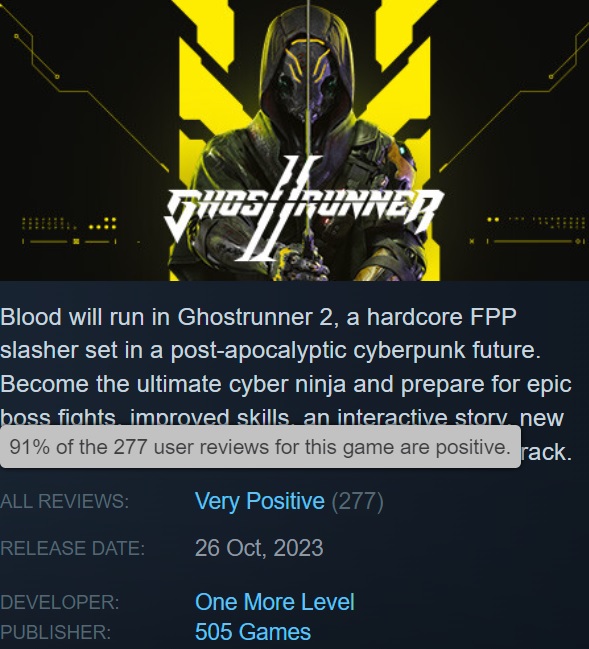 Un excellent jeu, mais pas pour tout le monde : les utilisateurs de Steam sont enthousiastes à propos du jeu d'action cyberpunk Ghostrunner 2, avec des pics en ligne peu élevés.-2 Un excellent jeu, mais pas pour tout le monde : les utilisateurs de Steam sont enthousiastes à propos du jeu d'action cyberpunk Ghostrunner 2, avec des pics en ligne peu élevés.-2