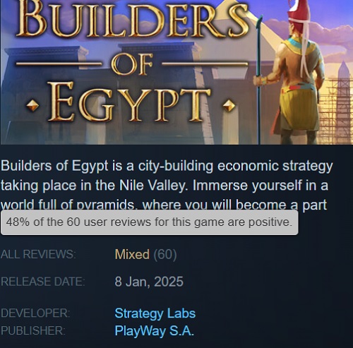 Commentaires sur les bâtisseurs de l'Égypte Commentaires sur les bâtisseurs d'Égypte. Source : Steam