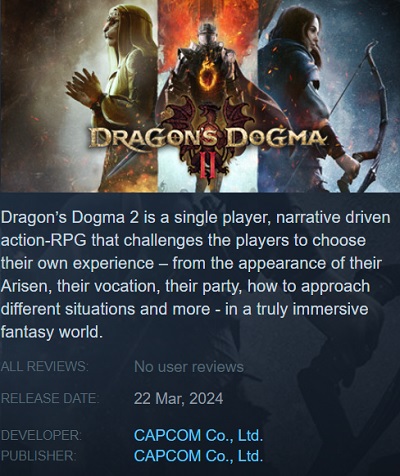 Steam a révélé prématurément la date de sortie du RPG Dragon's Dogma 2 de Capcom.-2 Steam a révélé prématurément la date de sortie du RPG Dragon's Dogma 2 de Capcom.-2