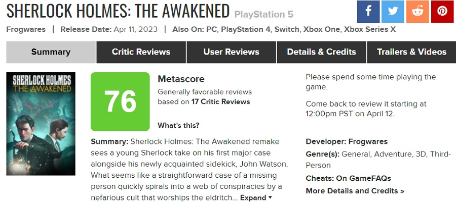 Monotone et ennuyeux : les critiques ont modérément évalué le remake de Sherlock Holmes : The Awakened. Le jeu a reçu une note moyenne sur les agrégateurs-2 Monotone et ennuyeux : les critiques ont modérément évalué le remake de Sherlock Holmes : The Awakened. Le jeu a reçu une note moyenne sur les agrégateurs-2