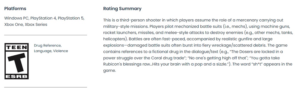 Adolescents autorisés : Le comité de classification de l'ESRB attribue une note d'âge à Armored Core VI de FromSoftware : Fires of Rubicon-2 Adolescents autorisés : Le comité de classification de l'ESRB attribue une note d'âge à Armored Core VI de FromSoftware : Fires of Rubicon-2