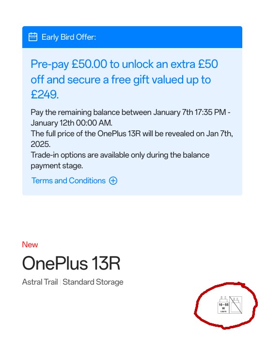 Page de pré-commande du OnePlus 13R UK Le site web de OnePlus UK confirme que le OnePlus 13R ne sera pas livré avec un chargeur.