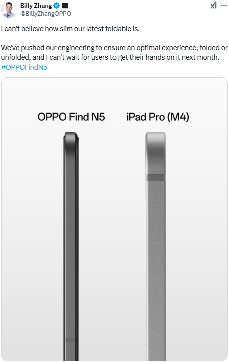Oppo Find N5 photo L'Oppo Find N5 est plus fin que l'iPad Pro M4