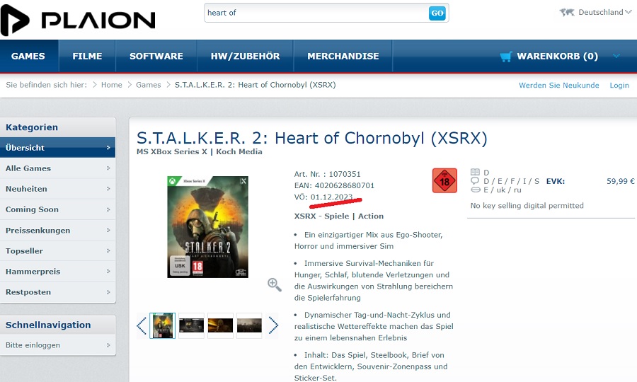 La sortie de S.T.A.L.K.E.R. 2 : Heart of Chornobyl pourrait avoir lieu le 1er décembre : l'une des boutiques en ligne sur la page du jeu a indiqué cette date.-2 La sortie de S.T.A.L.K.E.R. 2 : Heart of Chornobyl pourrait avoir lieu le 1er décembre : l'une des boutiques en ligne sur la page du jeu a indiqué cette date.-2
