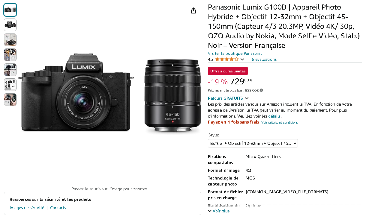 Panasonic Lumix G100D Capture d'écran de la page des Lumix G100D de Amazon