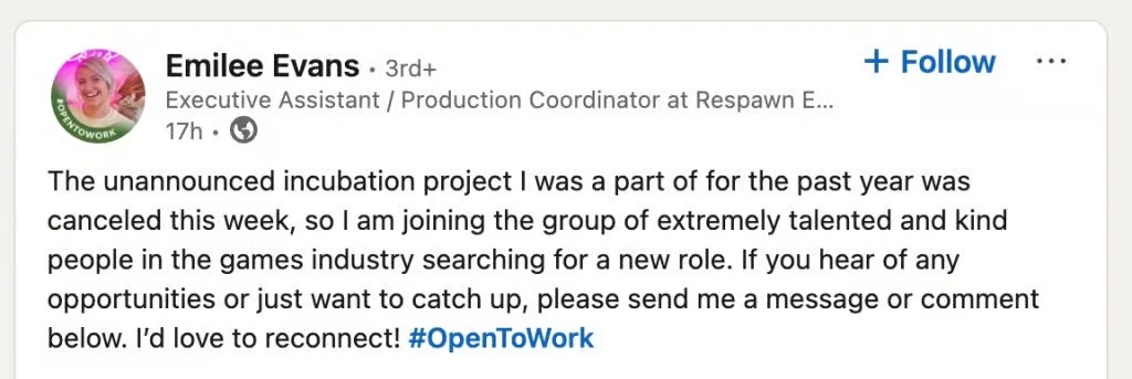 Annulation d'un nouveau jeu de Respawn Capture d'écran du message du producteur sur LinkedIn