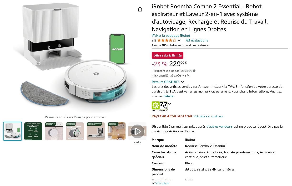 iRobot Roomba Combo 2 Essential sur Amazon iRobot Roomba Combo 2 Essential