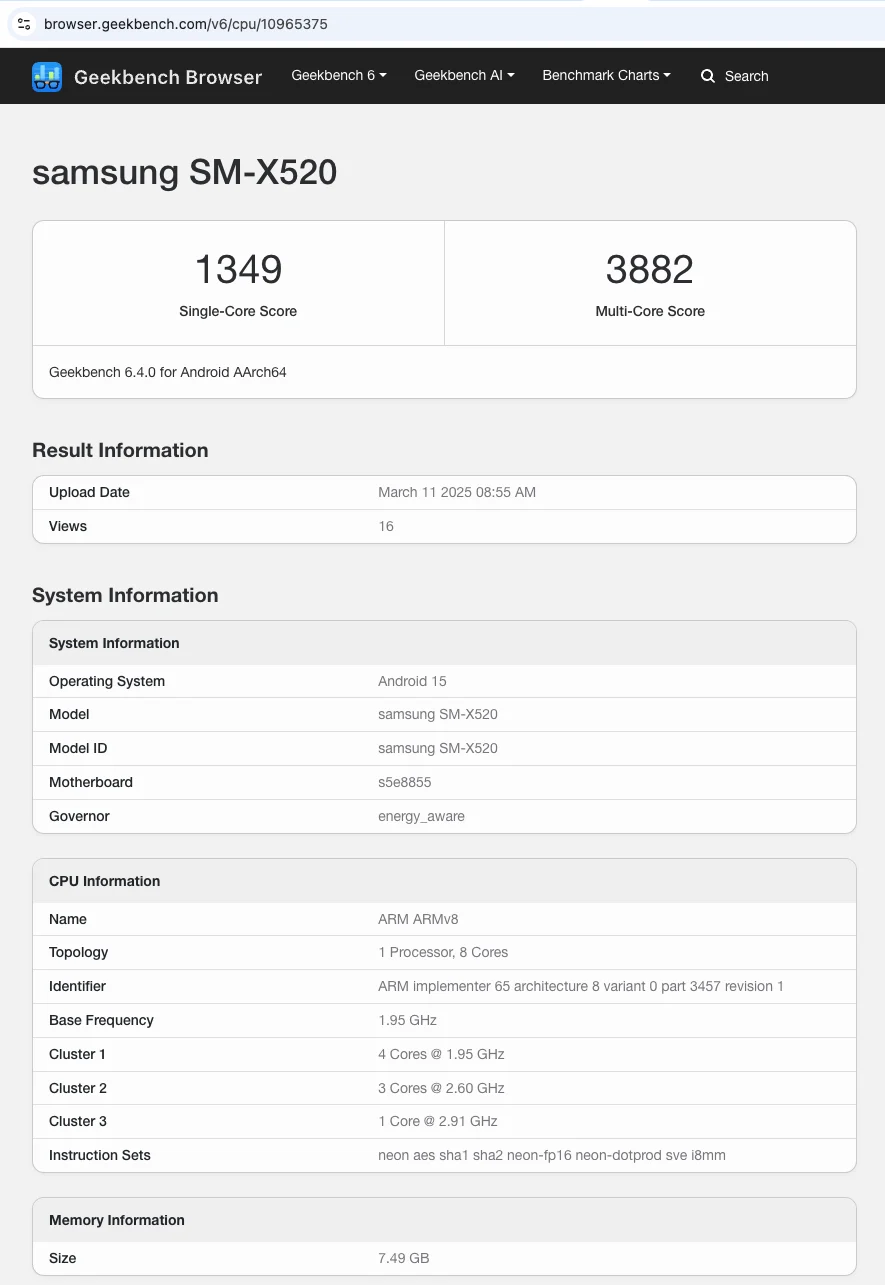 Performances de la Galaxy Tab S10 FE Résultats des performances de la Galaxy Tab S10 FE dans le test de référence Geekbench.