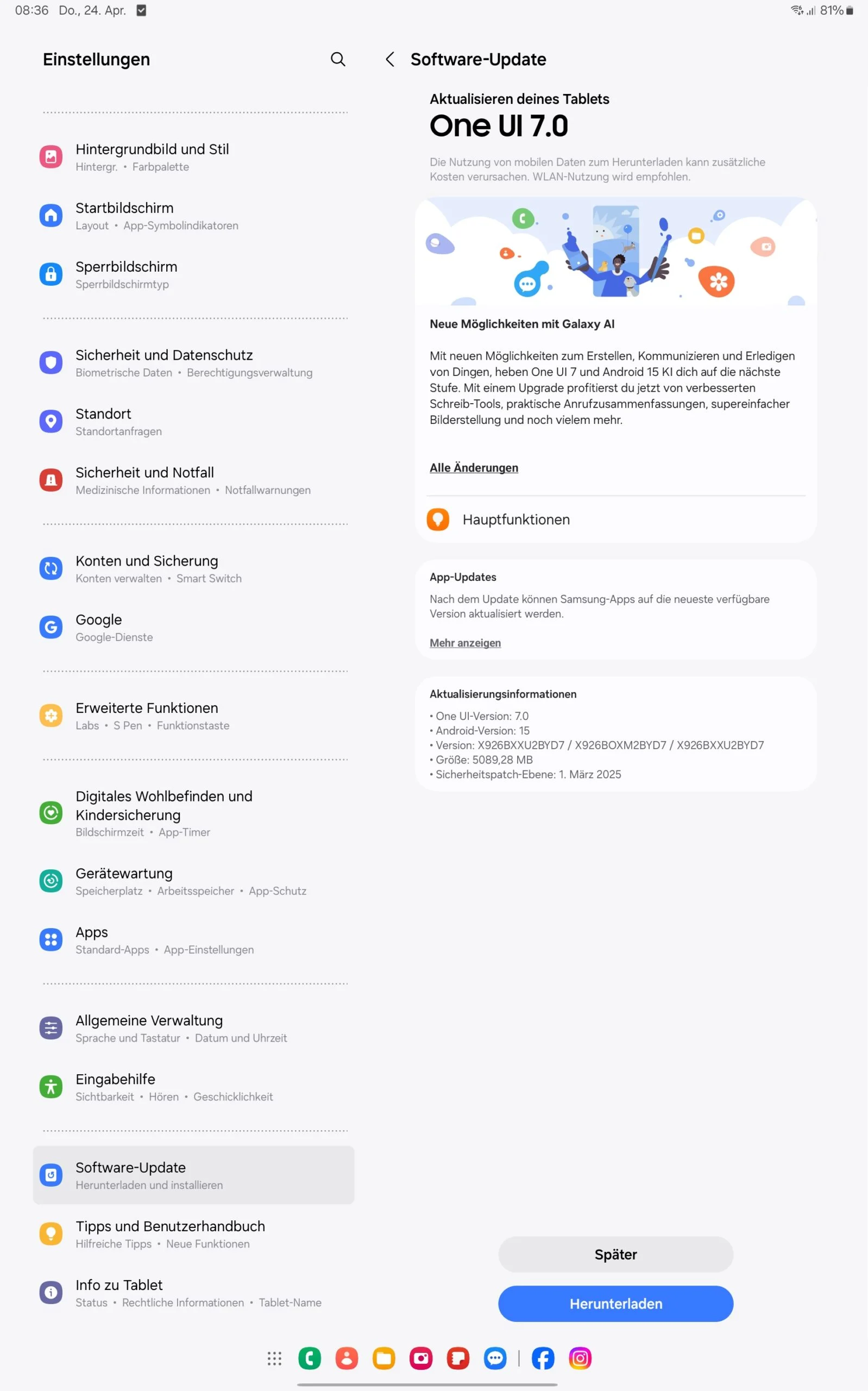 Capture d'écran de la mise à jour One UI 7.0 pour le Galaxy Tab S10 Ultra