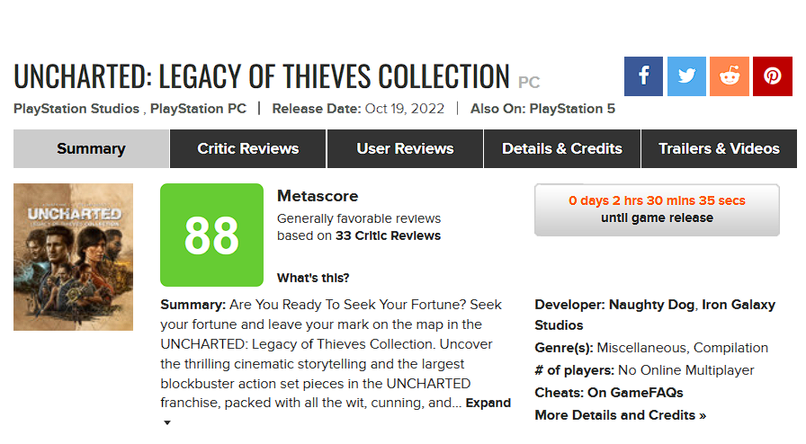 Les journalistes ont publié des critiques pour la version PC d'Uncharted : Legacy of Thieves Collection. Tous saluent l'optimisation du jeu et notent un portage réussi.-2 Les journalistes ont publié des critiques pour la version PC d'Uncharted : Legacy of Thieves Collection. Tous saluent l'optimisation du jeu et notent un portage réussi.-2