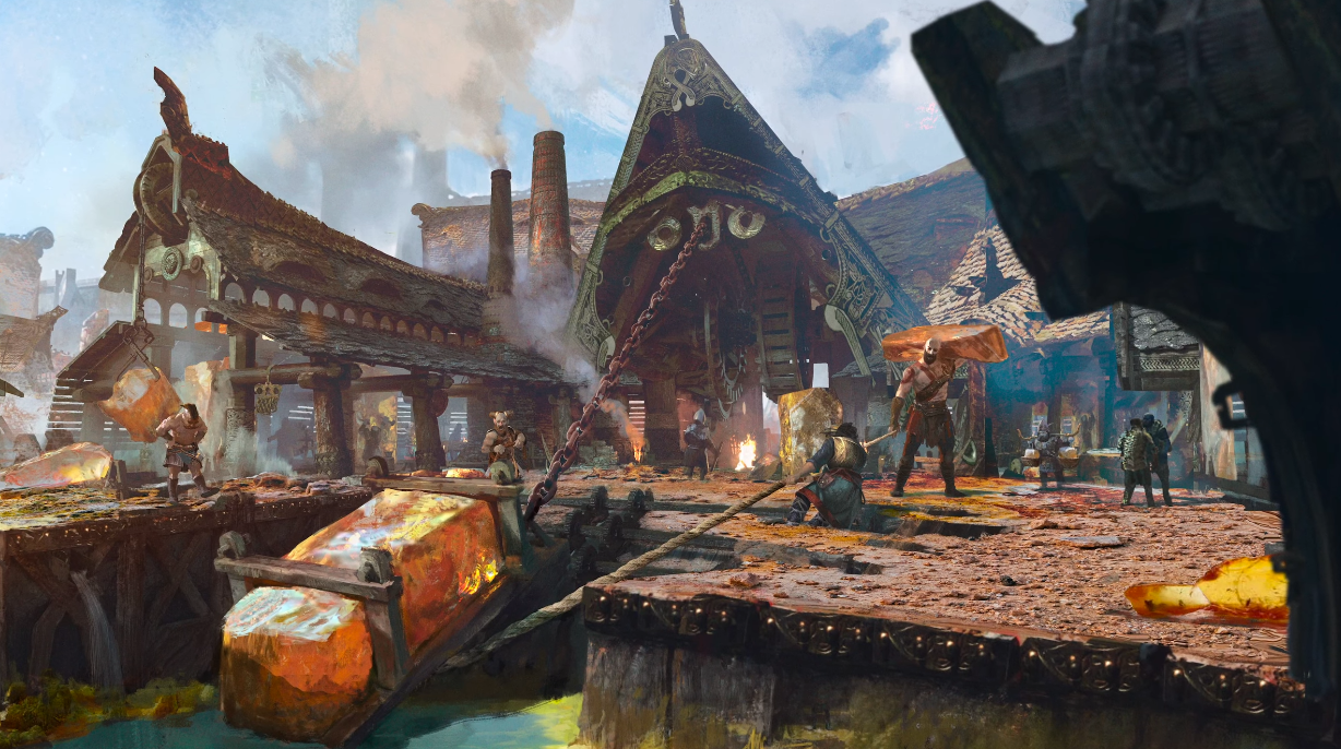 Les développeurs de God of War : Ragnarok ont parlé du monde des nains de Svartalheim, où une ville industrielle est en train d'être construite parmi différents biomes.-2 Les développeurs de God of War : Ragnarok ont parlé du monde des nains de Svartalheim, où une ville industrielle est en train d'être construite parmi différents biomes.-2