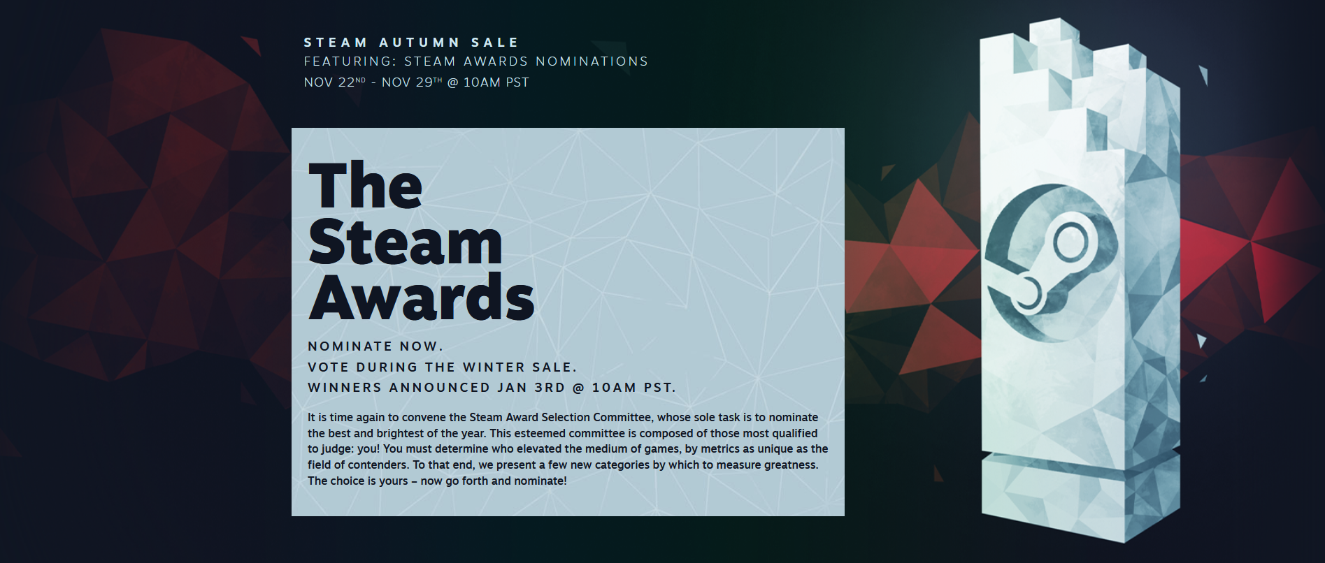 Steam poursuit sa vente d'automne jusqu'au 29 novembre, ainsi que le vote pour les Steam Awards, qui comptent 11 nominations.-2 Steam poursuit sa vente d'automne jusqu'au 29 novembre, ainsi que le vote pour les Steam Awards, qui comptent 11 nominations.-2