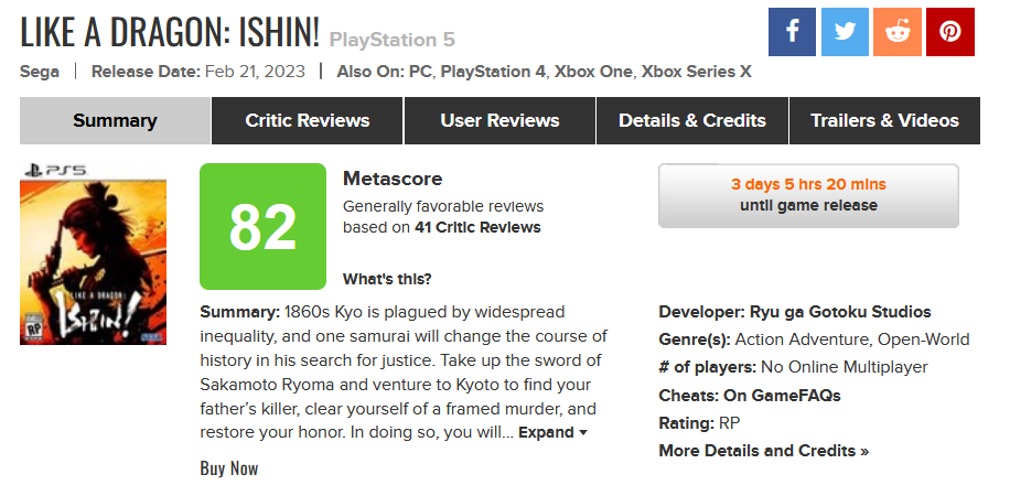Comme un dragon : Ishin ! a reçu les premières critiques des journalistes. Le jeu a obtenu 82 points sur 100 sur Metacritic.-2 Comme un dragon : Ishin ! a reçu les premières critiques des journalistes. Le jeu a obtenu 82 points sur 100 sur Metacritic.-2