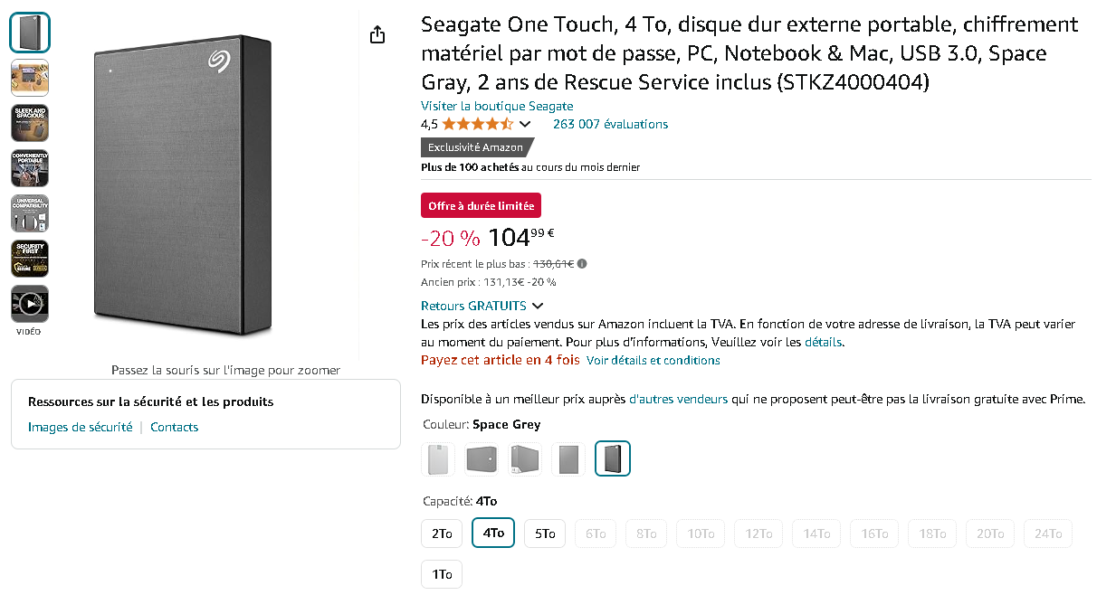 Seagate One Touch 4 To Capture d'écran de la page des Seagate One Touch sur Amazon