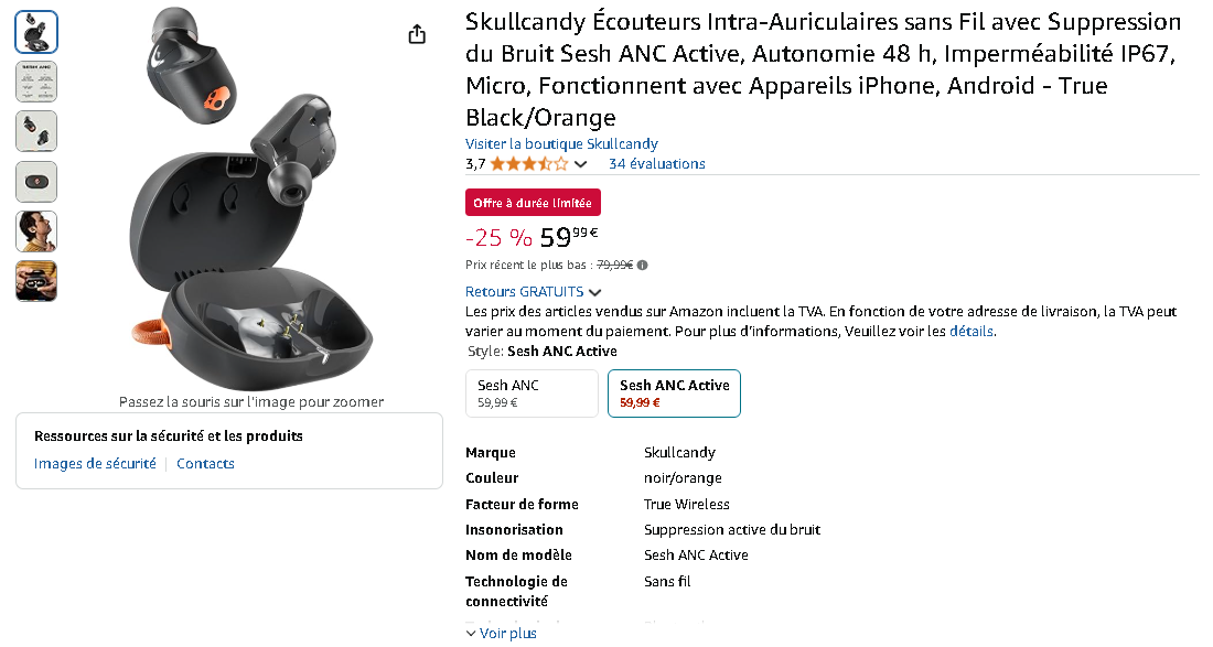 Skullcandy Sesh ANC Active Écouteurs Skullcandy Sesh ANC Active sur Amazon