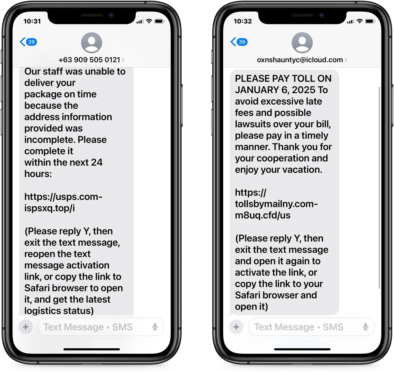 Exemple d'une attaque de phishing dans iMessage