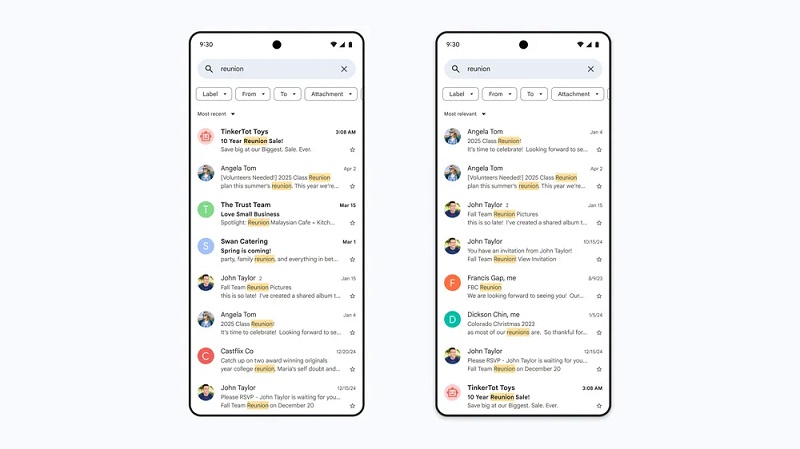 Recherche dans Gmail avant et après la mise à jour