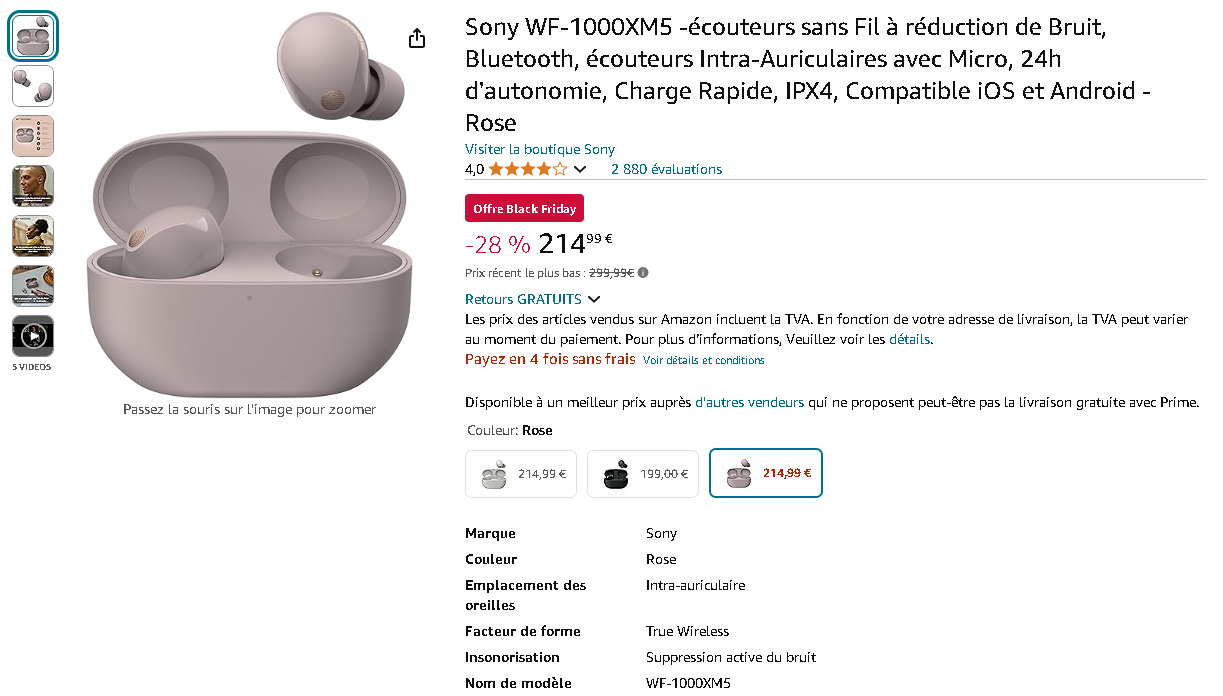 Sony WF-1000XM5 à prix réduit Écouteurs Sony WF-1000XM5 sur la page d'Amazon