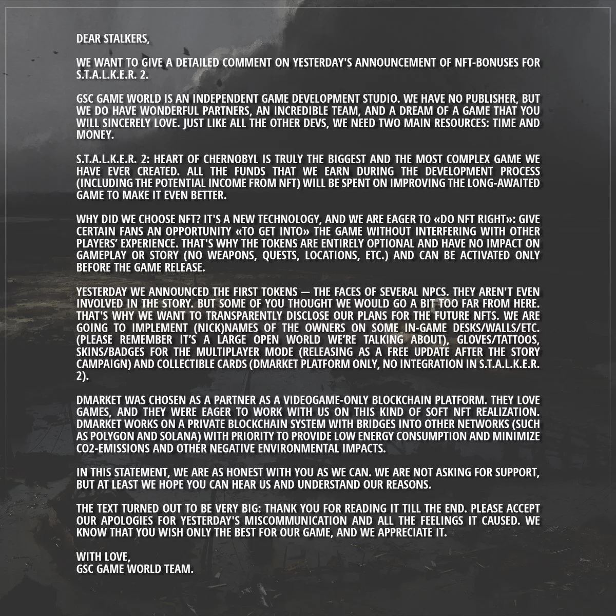 Les développeurs S.T.A.L.K.E.R. 2: Heart of Chernobyl a abandonné l'idée d'introduire NFT en raison de l'indignation des joueurs Les développeurs S.T.A.L.K.E.R. 2: Heart of Chernobyl a abandonné l'idée d'introduire NFT en raison de l'indignation des joueurs