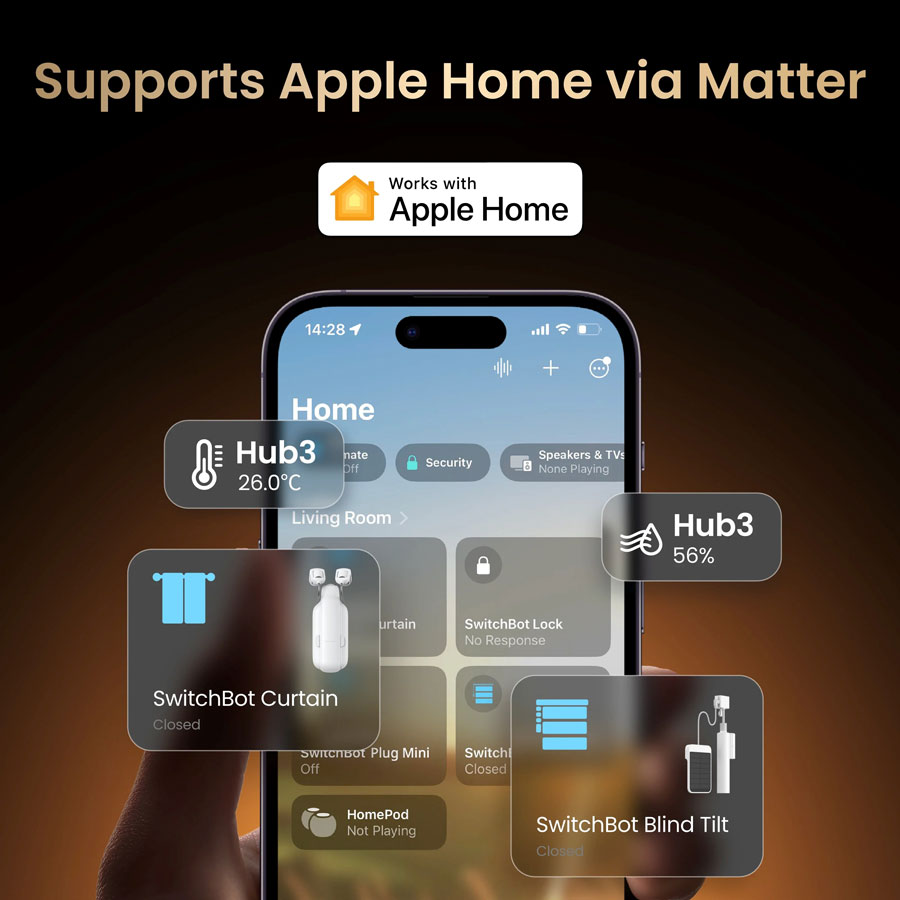 SwitchBot Hub 3 en arrière-plan du dispositif Apple Home