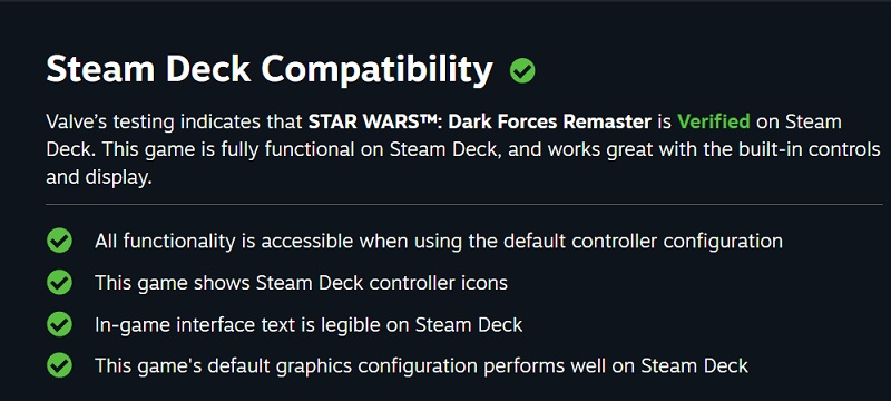Le remaster du jeu de tir culte Star Wars : Dark Forces bénéficiera d'une compatibilité totale avec Steam Deck dès le premier jour de sa sortie.-2 Le remaster du jeu de tir culte Star Wars : Dark Forces bénéficiera d'une compatibilité totale avec Steam Deck dès le premier jour de sa sortie.-2