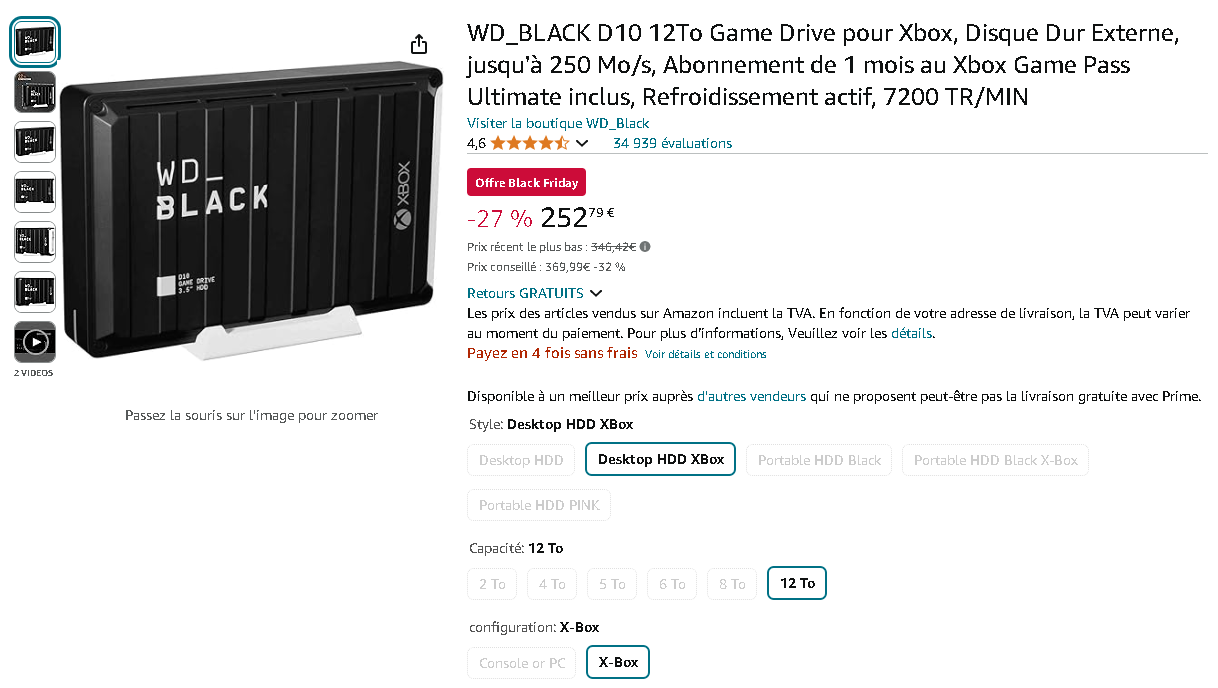 WD_BLACK D10 12To pour Xbox WD_BLACK D10 12To pour Xbox - Capture d'écran de la page produit