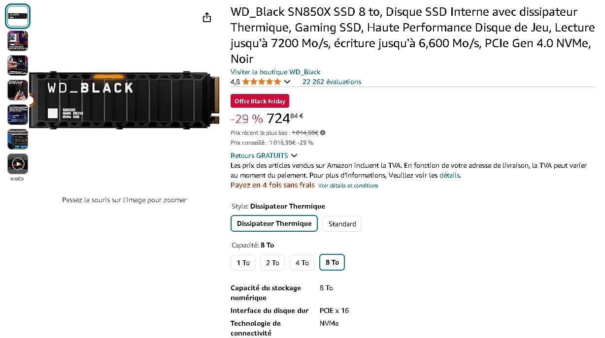 WD_Black SN850X SSD 8 To Capture d'écran de la page des WD_Black SN850X sur Amazon