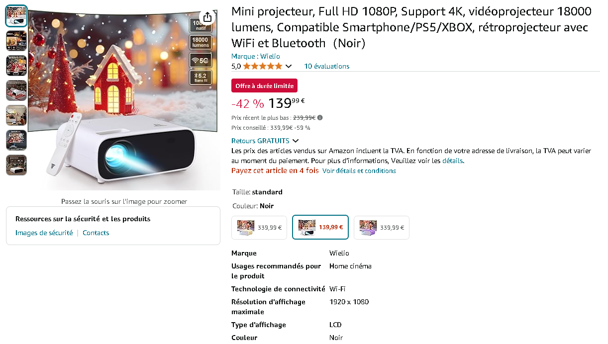 Wielio Mini Projecteur sur Amazon Capture d'écran de la page du Wielio Mini Projecteur sur Amazon