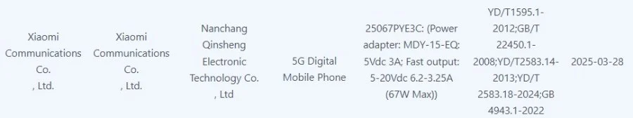 Xiaomi Civi 5 Pro 3C Certification Xiaomi Civi 5 Pro 3C Certification