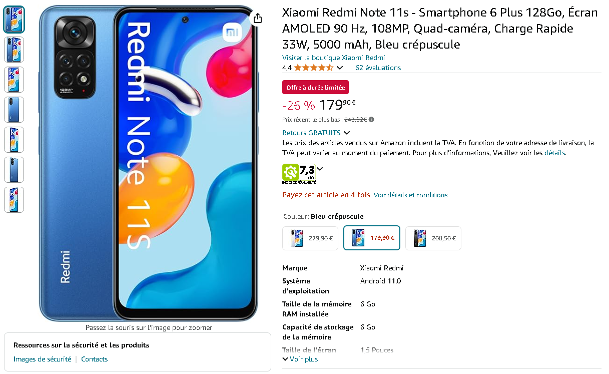 Xiaomi Redmi Note 11S Image du Xiaomi Redmi Note 11S sur Amazon
