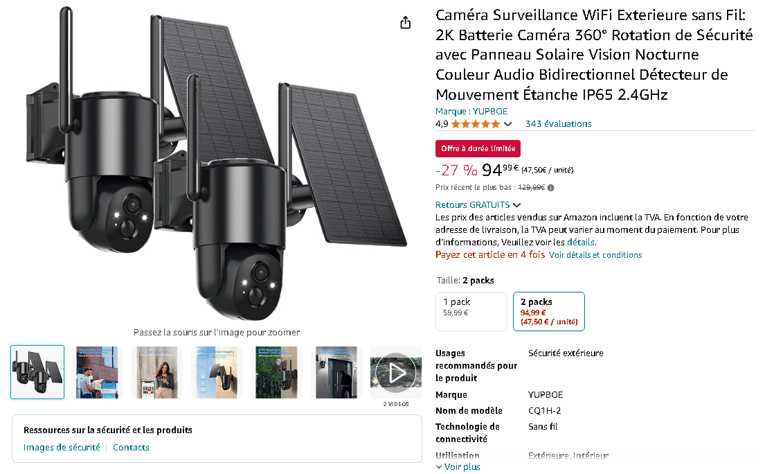 Caméra de Surveillance YUPBOE Capture d'écran de la caméra YUPBOE sur Amazon