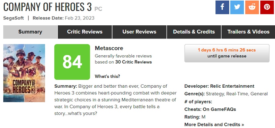 Les critiques ont été satisfaites de Company of Heroes 3. Le jeu a reçu des scores élevés sur les agrégateurs-2 Les critiques ont été satisfaites de Company of Heroes 3. Le jeu a reçu des scores élevés sur les agrégateurs-2