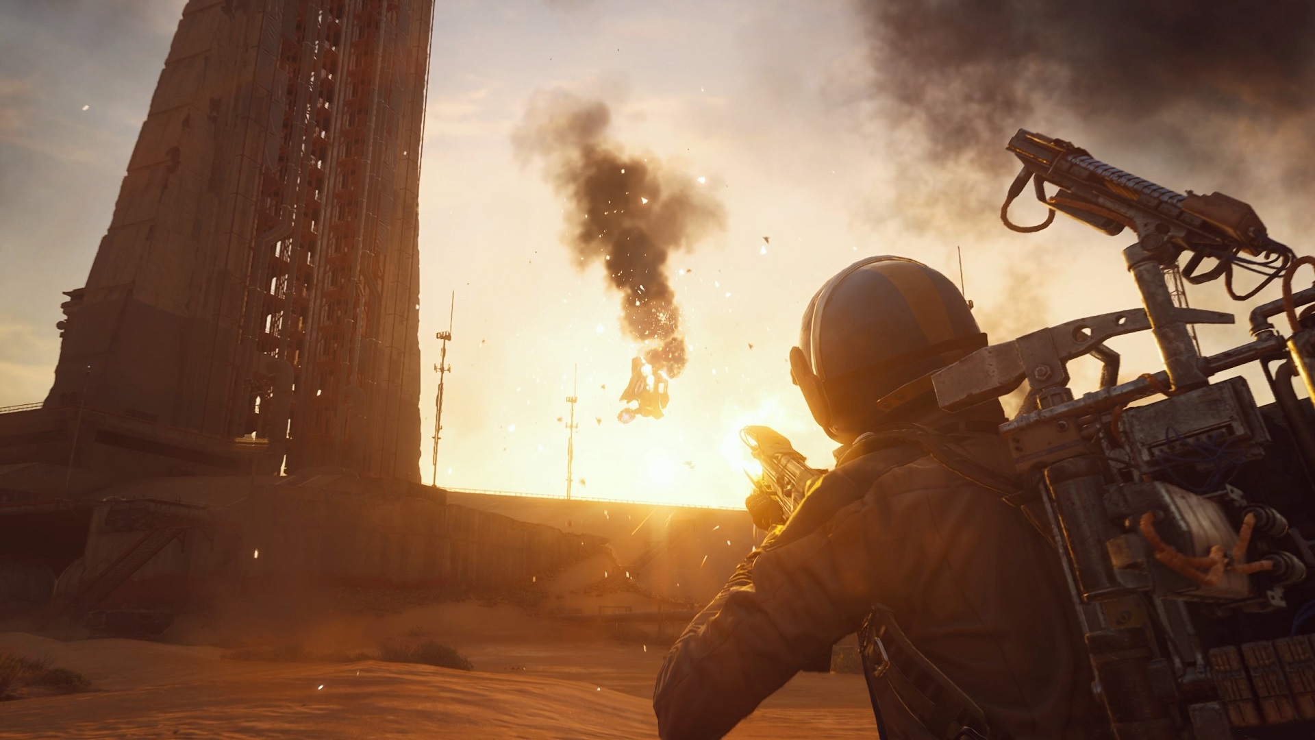 Un coucher de soleil, une explosion, du sable entre les dents, c'est un jour comme les autres dans le paradis post-apocalyptique d'Arc Raiders. Illustration : Embarquer Coucher de soleil à Arc Raiders