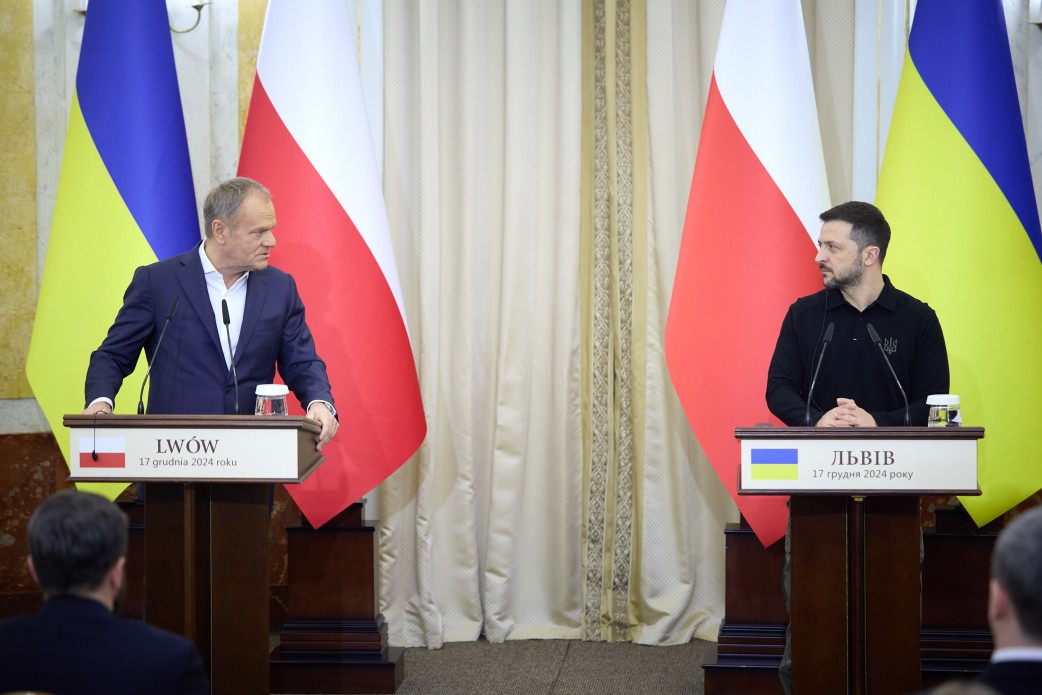 Volodymyr Zelenskyy et Donald Tusk Conférence de presse du président ukrainien Volodymyr Zelenskyy et du premier ministre polonais Donald Tusk